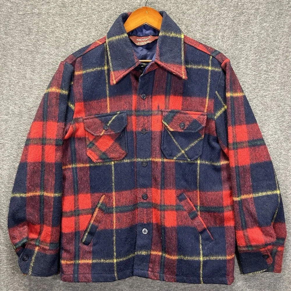 Sears Kingsport Mens Small‎ Red Blue Plaid Jacket Wool Linen Blend